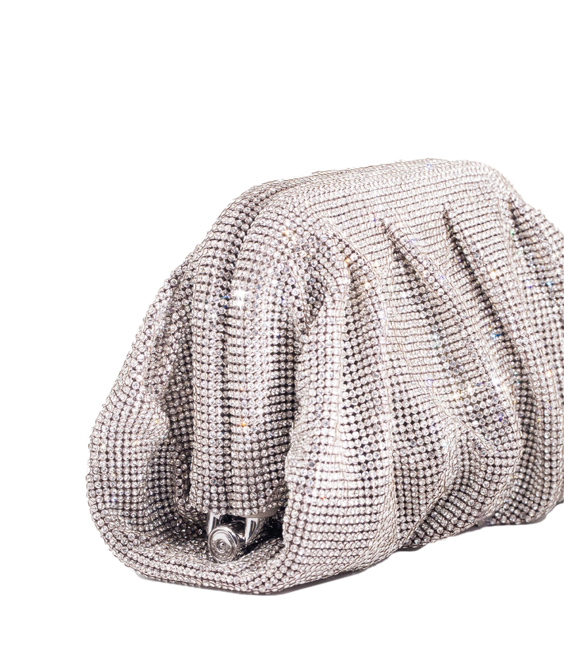 A silver rhinestone-embellished clutch purse with a small silver clasp