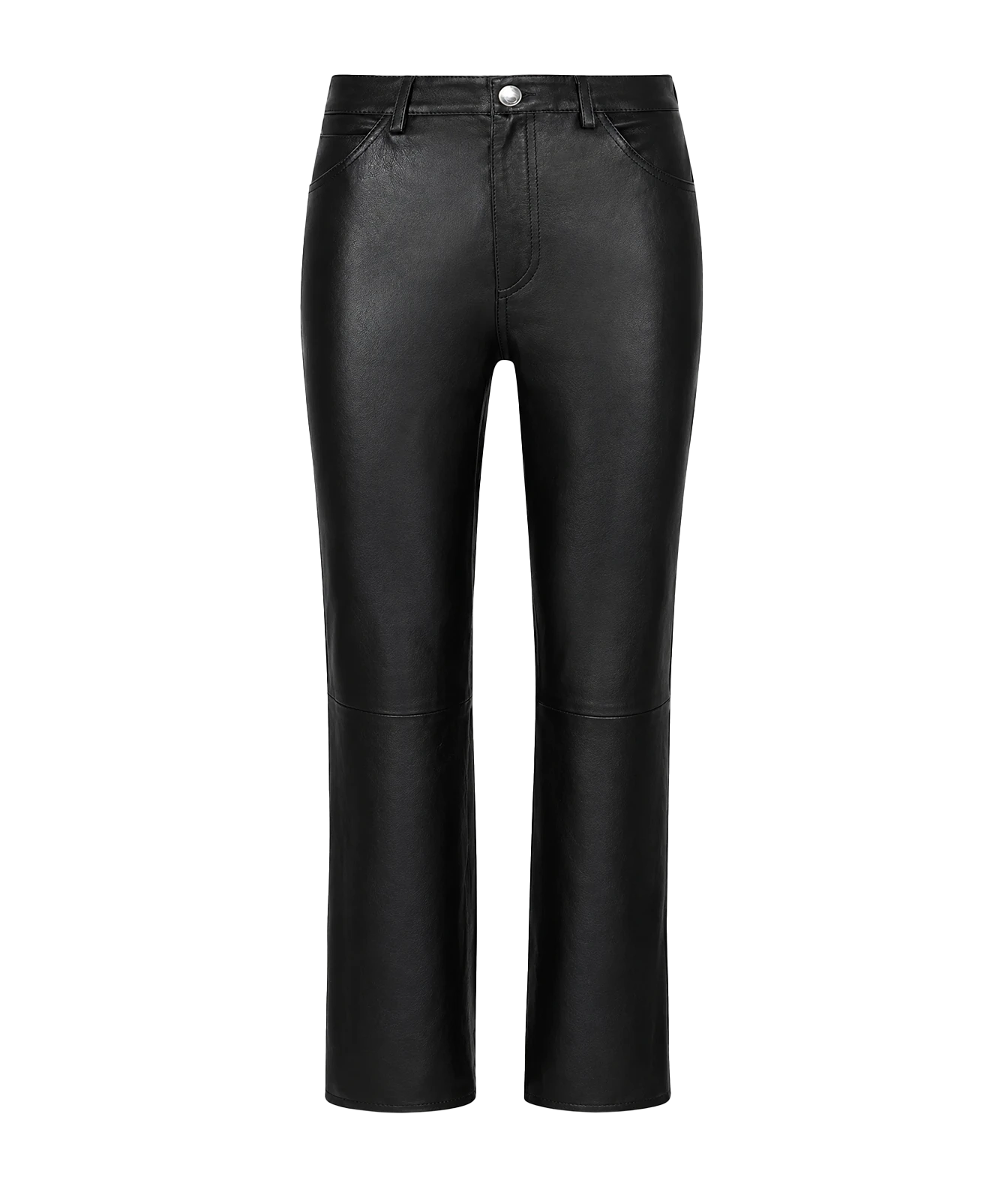 Black faux leather cropped pants with a straight-leg fit, shown on a plain white background.