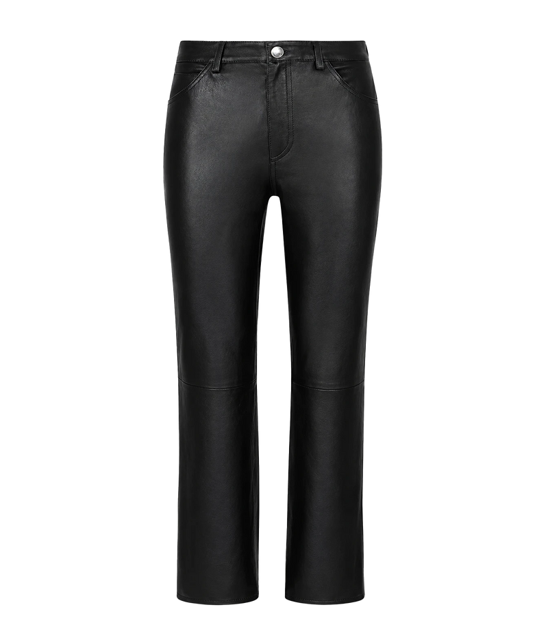 Black faux leather cropped pants with a straight-leg fit, shown on a plain white background.