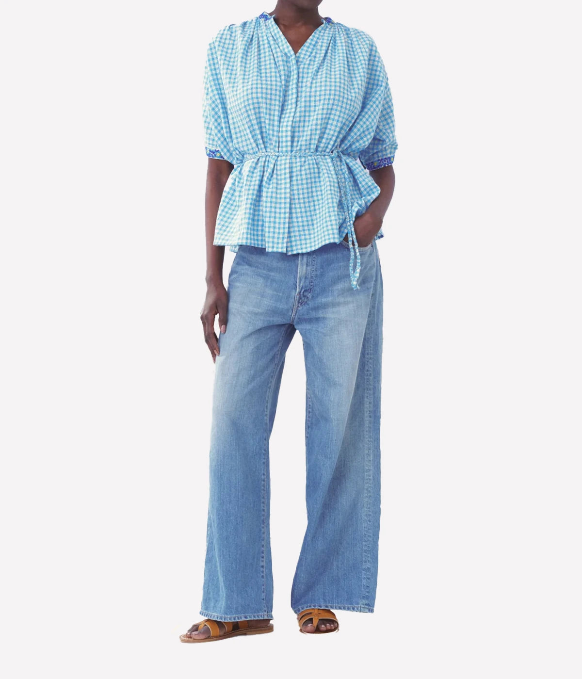 Woven Embroidered Top in Turkish Blue