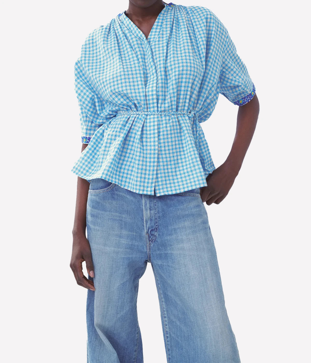 Woven Embroidered Top in Turkish Blue