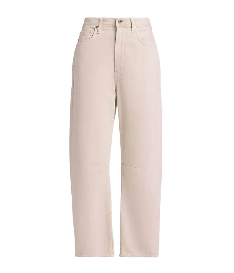 ALT text: Miro Jean in warm cream beige with tapered barrel leg and relaxed top block in rigid denim.