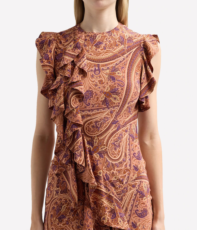 Ulla Johnson Ameline Silk Dress in Rosette, on model, close-up of ruffle detail