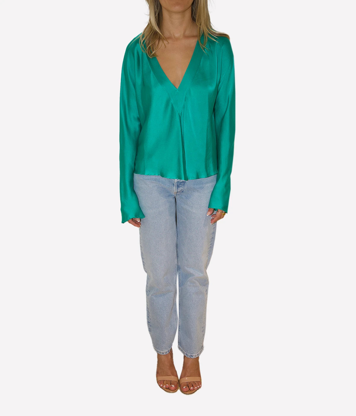 *FINAL SALE* Silk Satin V Neck Shirt in Boreale