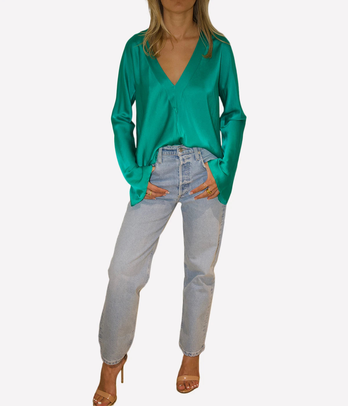 *FINAL SALE* Silk Satin V Neck Shirt in Boreale