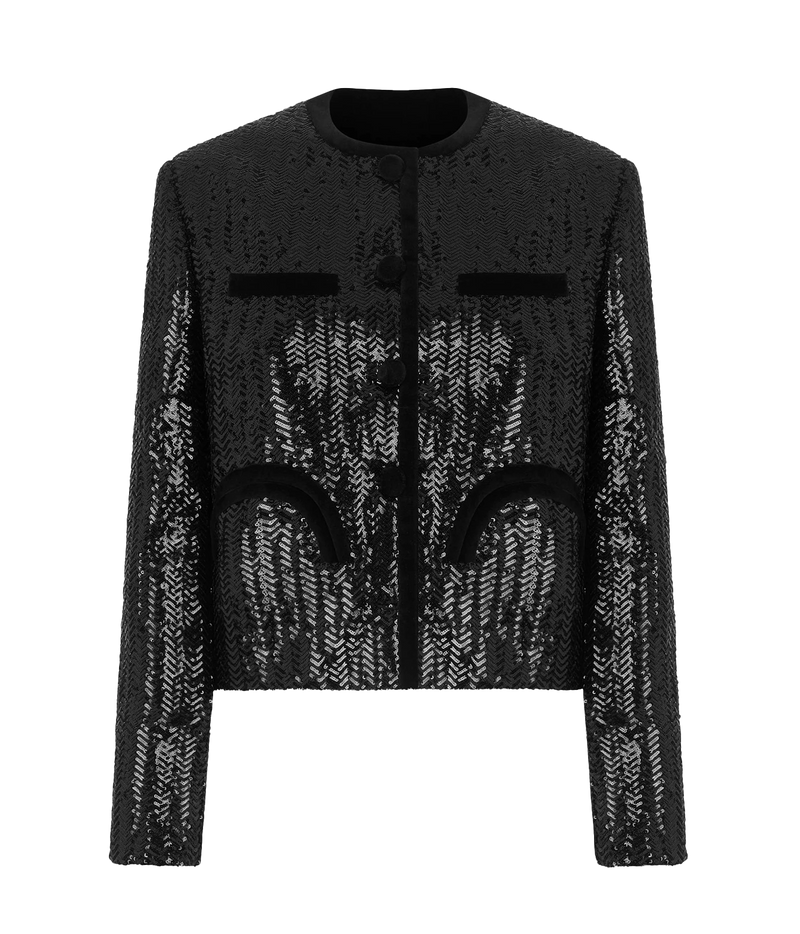 Blazé Milano Shamo Bolero in All About You Black - A cropped black jacket with long sleeves, featuring a textured herringbone pattern, solid black velvet-like horizontal chest bands, and a round neckline