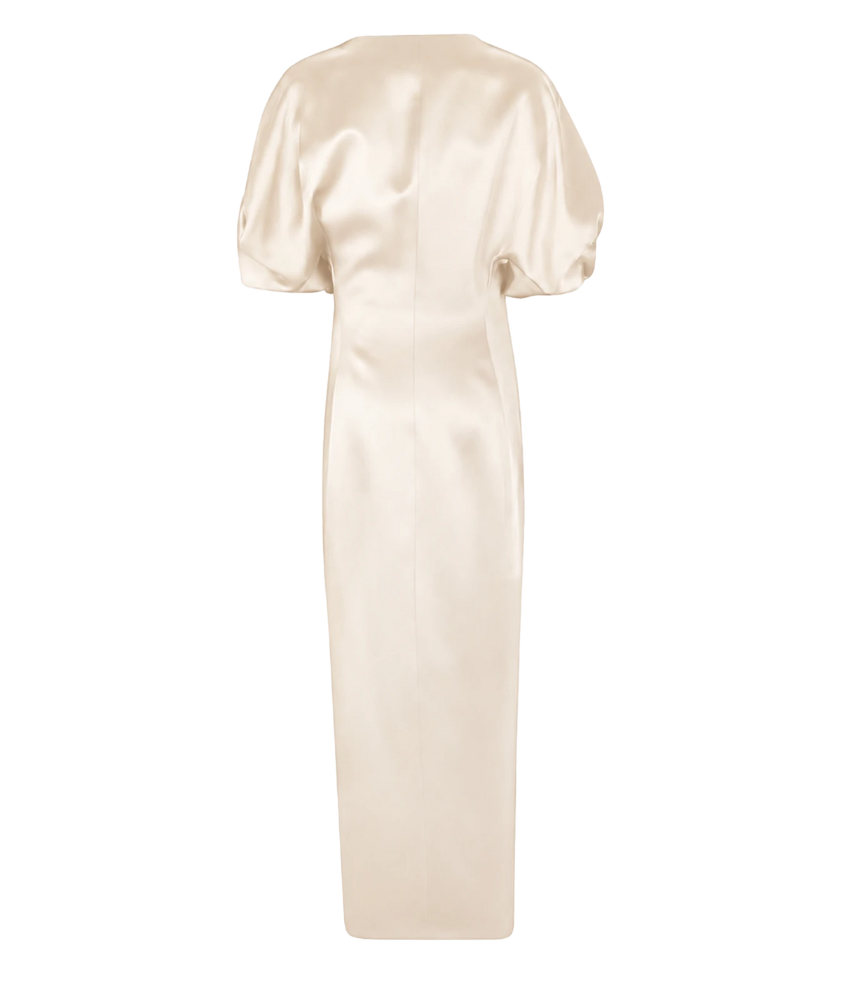 Back view of the Raquel Diniz Anastasia Midi Dress in Vanilla laid flat, showing the rounded draped sleeves and sleek straight midi silhouette