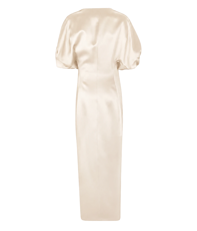 Back view of the Raquel Diniz Anastasia Midi Dress in Vanilla laid flat, showing the rounded draped sleeves and sleek straight midi silhouette