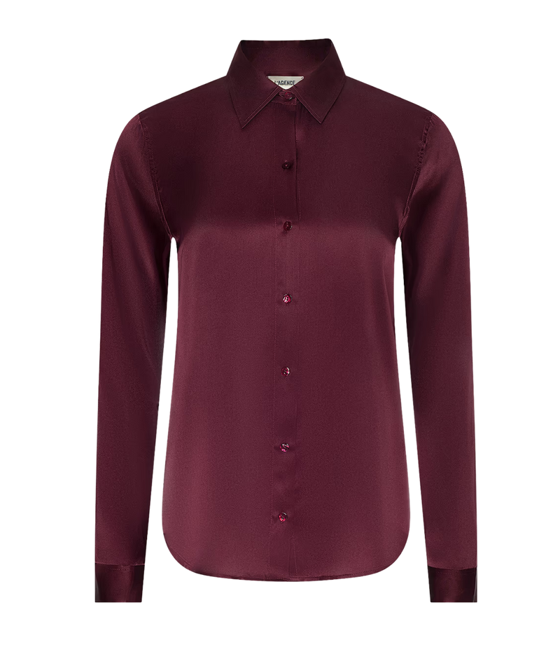 Tyler L/S Blouse In Merlot Red - wine red coloured silk blouse flat lay product image