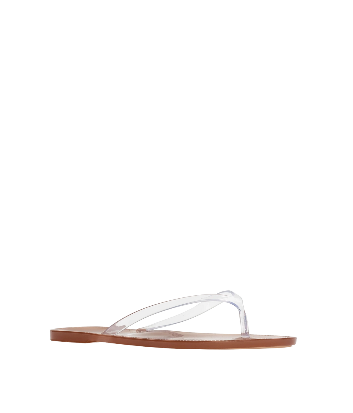 A single clear plastic thong sandal with a brown flat sole - Crystal Sandal in Old Rose