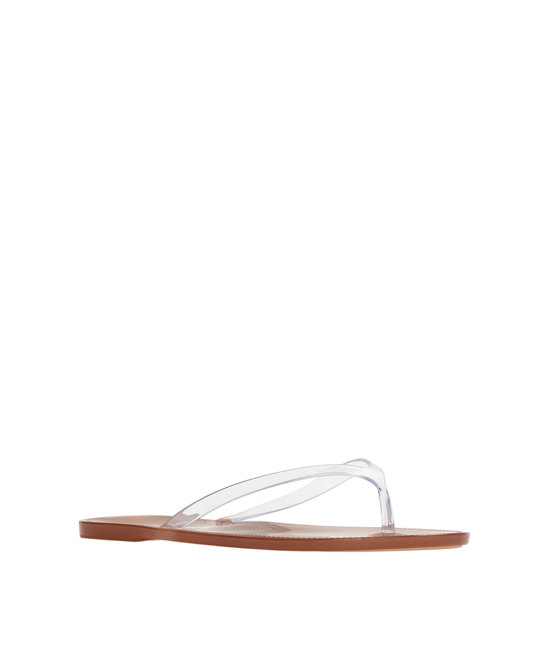 A single clear plastic thong sandal with a brown flat sole - Crystal Sandal in Old Rose