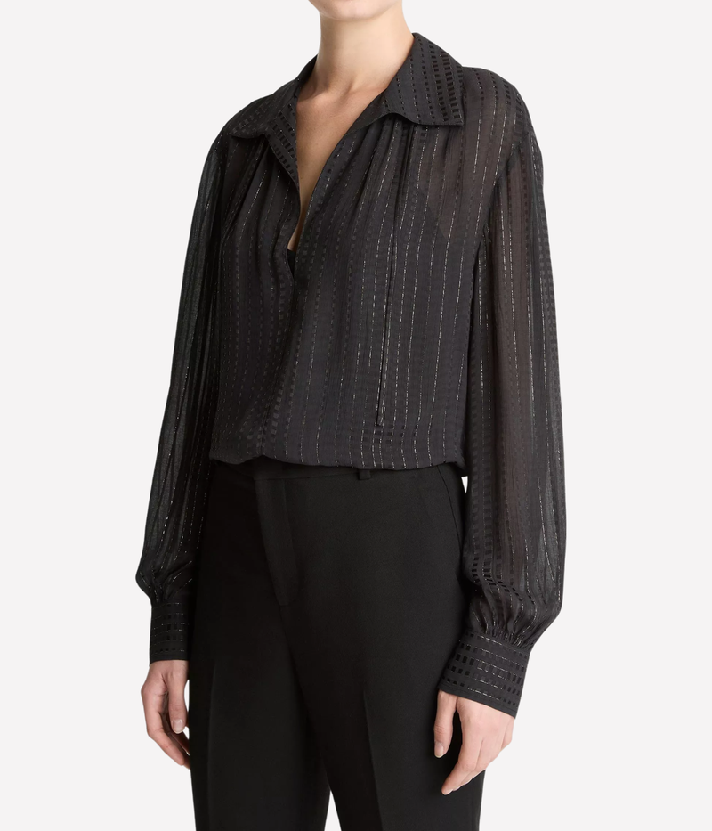 Gathered Lurex Stripe Blouse in BLACK