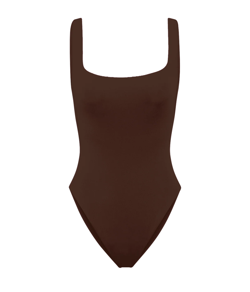 A solid dark brown one-piece swimsuit - Streamline Suit In Cold Brew