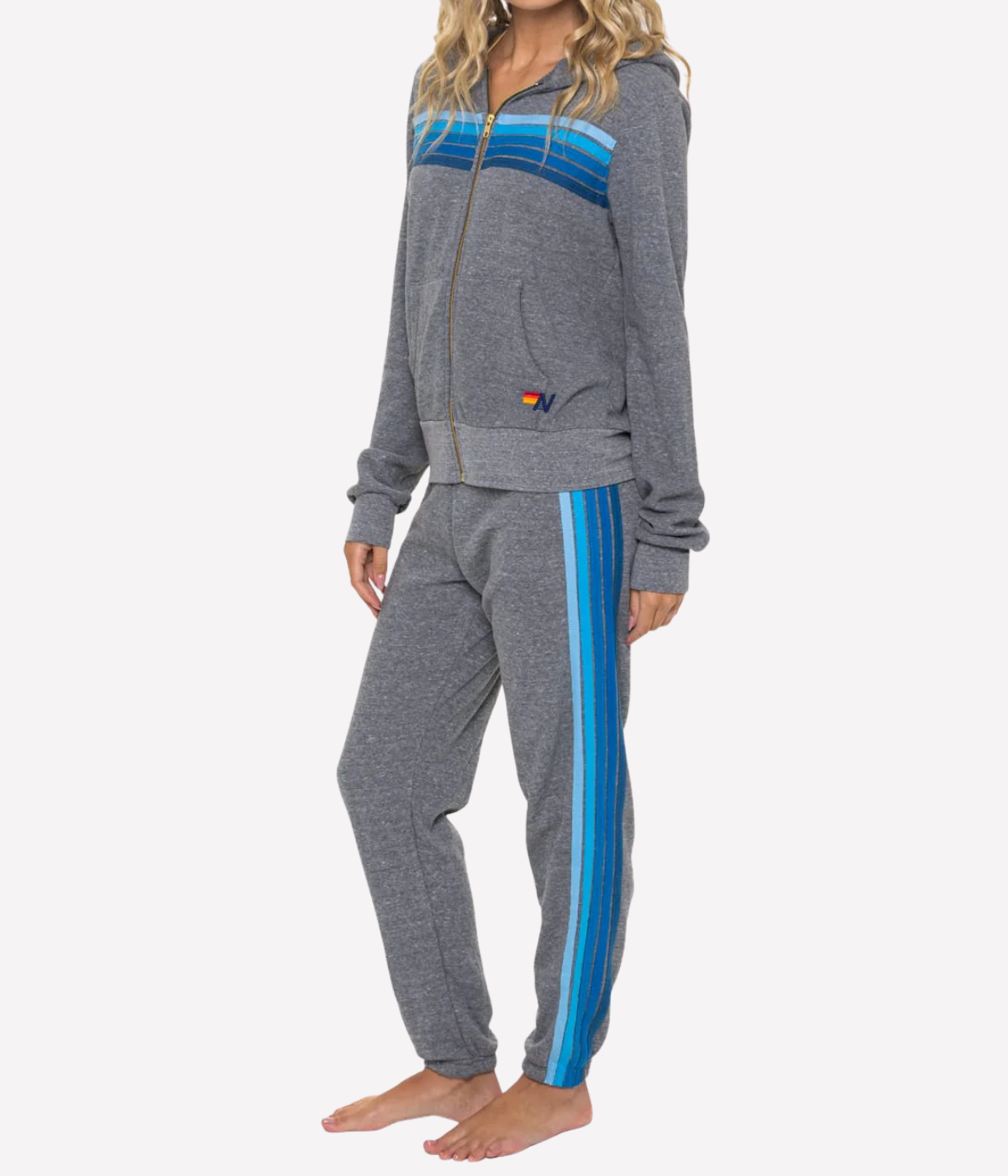 5 Stripe Zip Hoodie in Heather Grey & Blue