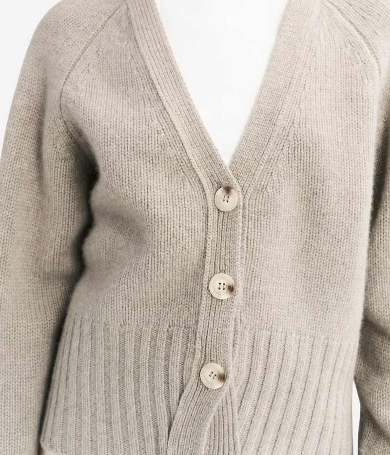 Soft Goat V-Neck Cardigan in Greige – Close Up Detail