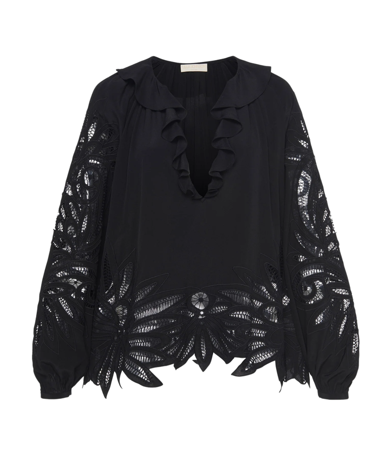 Adonis Long Sleeve Silk Applique Blouse In Noir