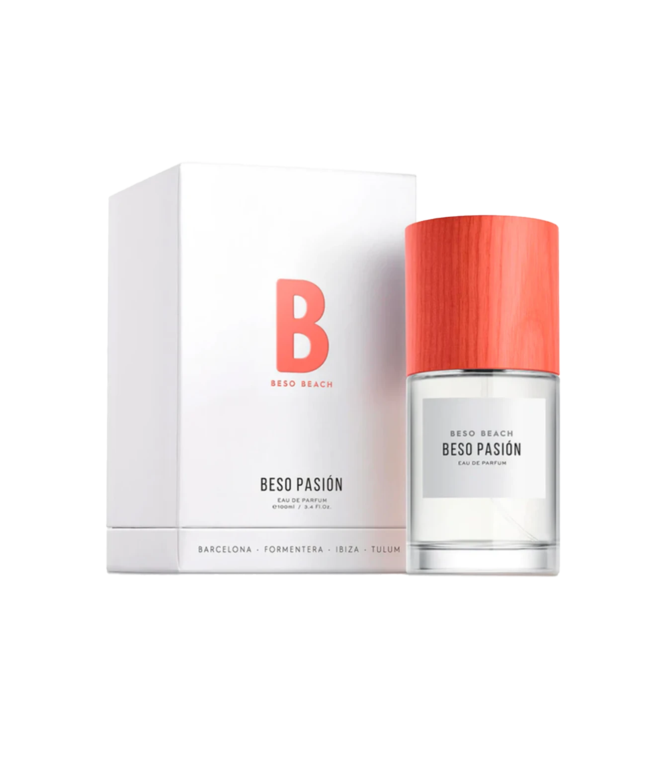 Beso Pasion Eau de Parfum bottle with a coral wood-textured cap next to its white packaging box featuring a coral 'B' logo, on a white background.