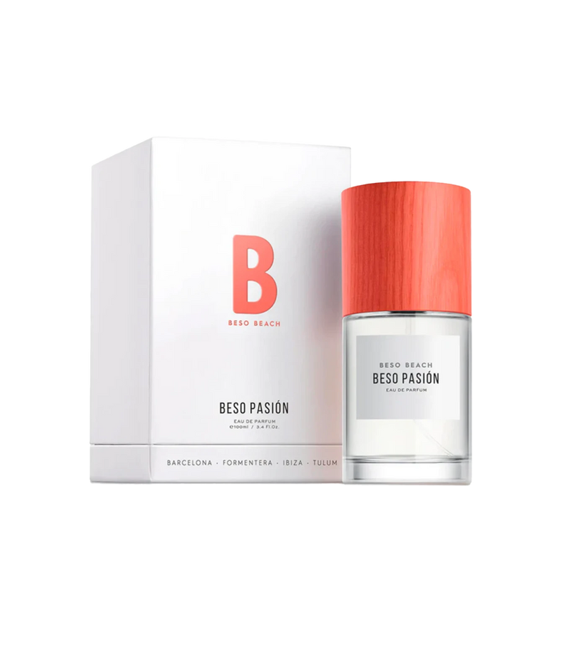 Beso Pasion Eau de Parfum bottle with a coral wood-textured cap next to its white packaging box featuring a coral 'B' logo, on a white background.