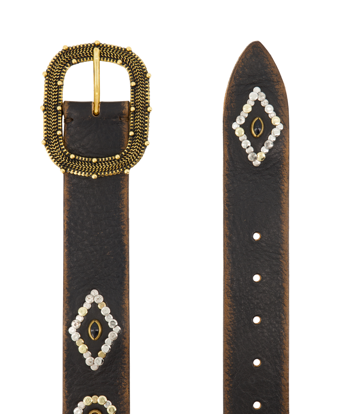 A dark brown leather belt shown from two angles: a full-length view featuring a large ornate gold-tone buckle and diamond-shaped rhinestone embellishments, and a close-up of the tip showing the rhinestone pattern and metal rivets.