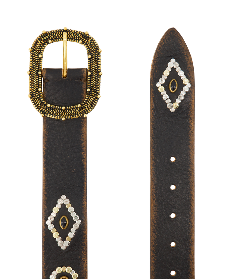A dark brown leather belt shown from two angles: a full-length view featuring a large ornate gold-tone buckle and diamond-shaped rhinestone embellishments, and a close-up of the tip showing the rhinestone pattern and metal rivets.