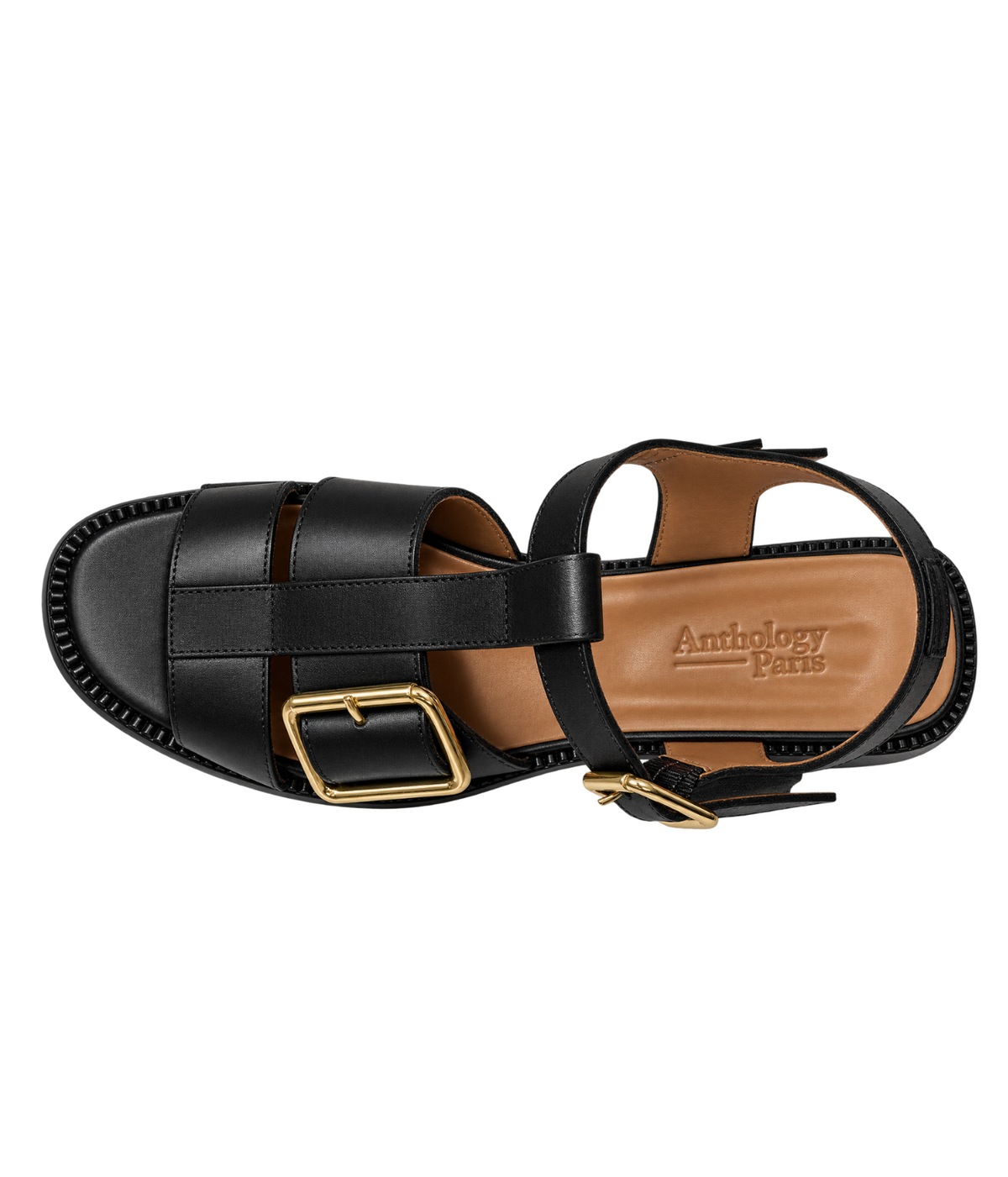 A black leather sandal with gold-tone metal buckles and a tan insole, shown from a top-down view - Anthology Paris Rosilda Sandal in Noir