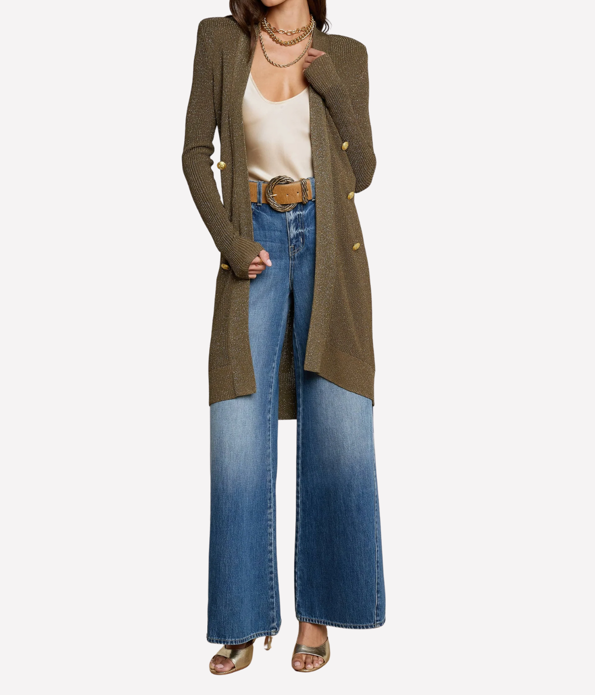 Noe Double Breasted Cardigan in Pine Gold