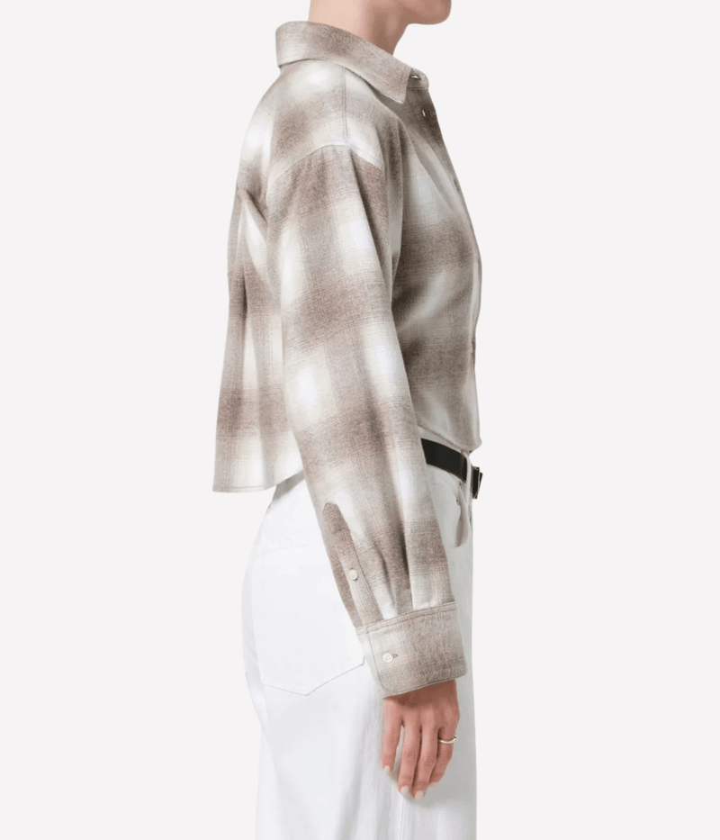 Citizens of Humanity Ana Cropped Shirt in Schiffer Plaid worn on model, upper body side view of cropped plaid shirt showing relaxed fit and silhouette