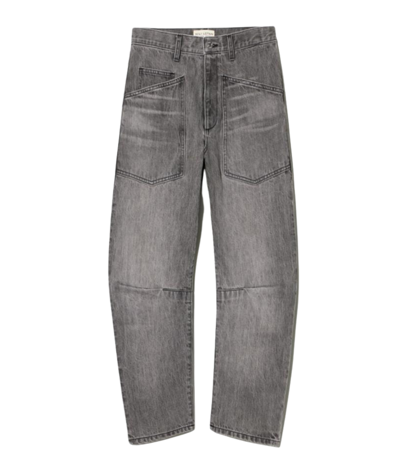 Nili Lotan Shon Jean in Ash Grey Wash, flat lay view of mid-rise bow-leg jeans