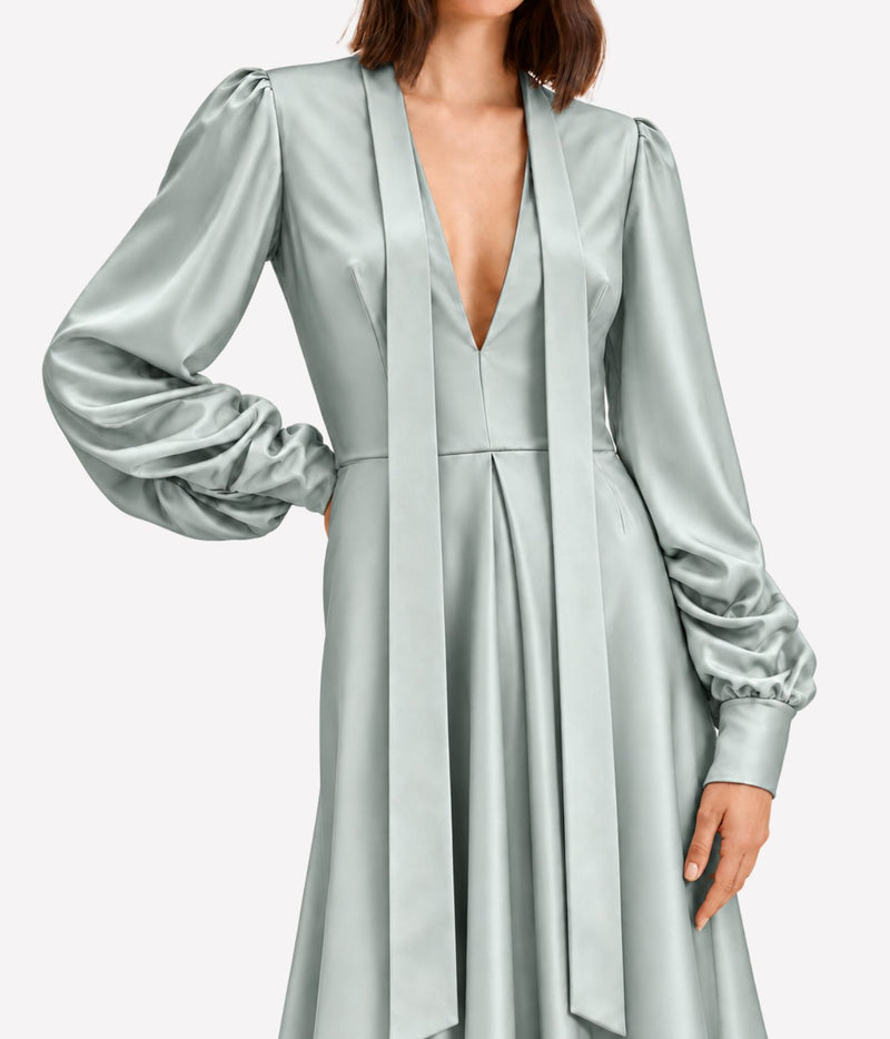 Raquel Diniz Valerie Dress in Mint - maxi dress shown on brunette model with long neck ties