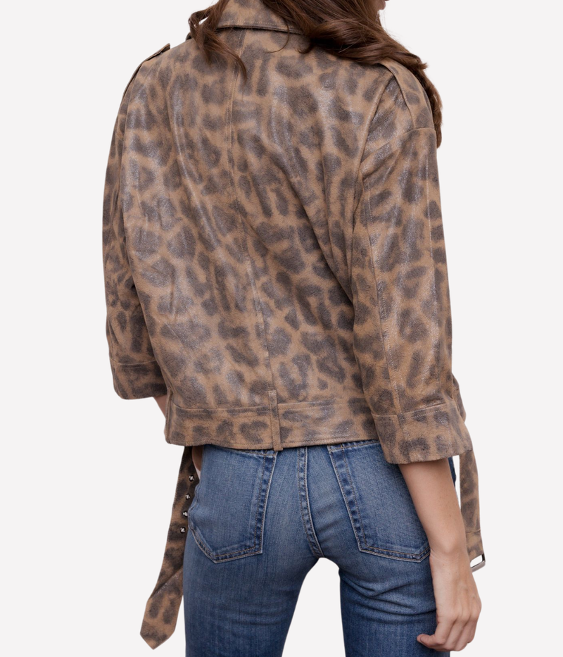 Giorgio Brato Womens Leather Jacket in LEOPARD, back view on model with blue jeans