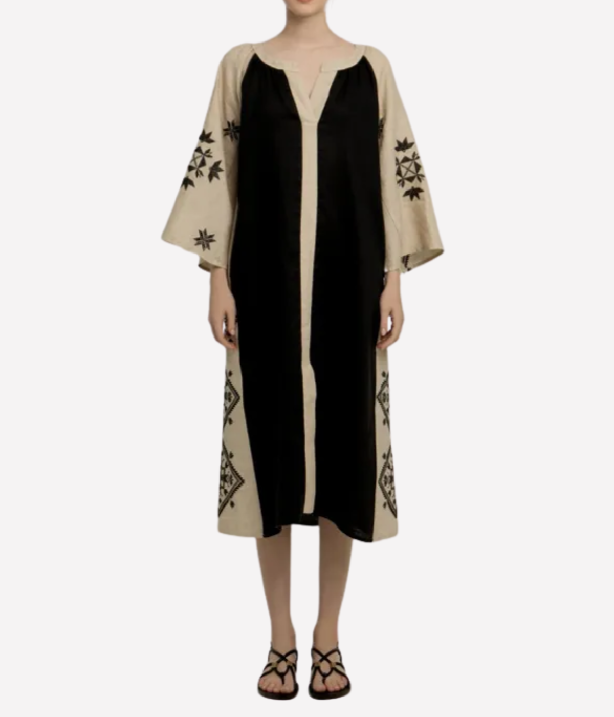 Lefkada Belted Long Dress in Beige Black