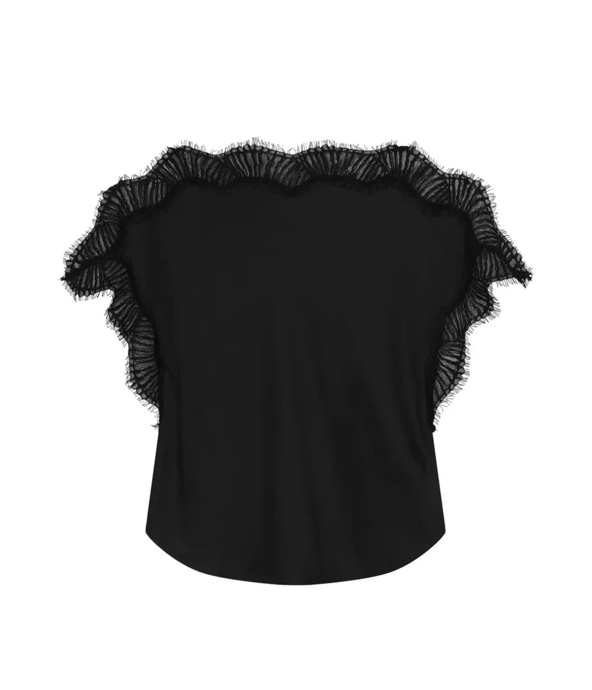 A.L.C. Luna Top in Black laid flat, showing the tonal eyelash lace trim along the high scalloped neckline and flutter sleeves with a gently curved hem