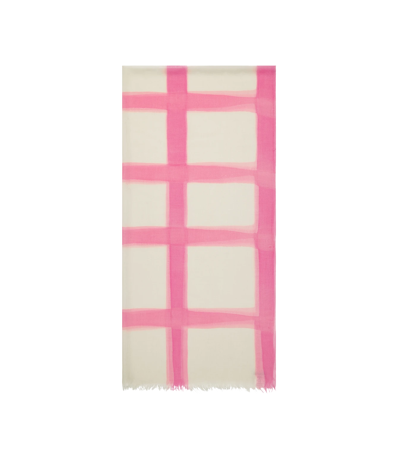 A cream-colored scarf with a pink grid pattern and fringed edges, displayed flat against a solid white background.