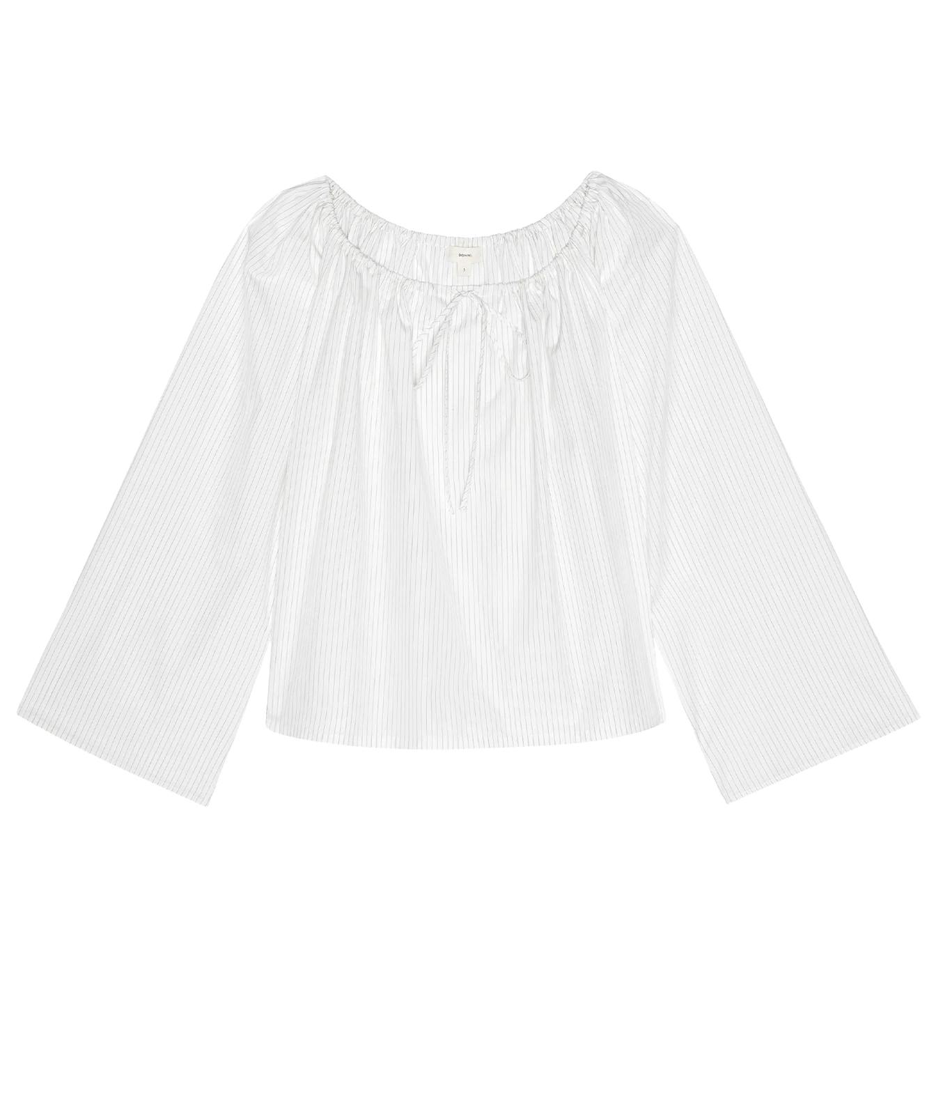 A white long-sleeve blouse with thin vertical pinstripes, an elasticized off-the-shoulder neckline, and a small front tie detail, shown flat on a white background.