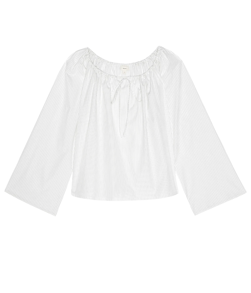 A white long-sleeve blouse with thin vertical pinstripes, an elasticized off-the-shoulder neckline, and a small front tie detail, shown flat on a white background.