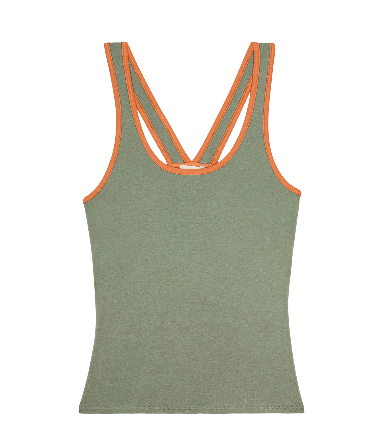 An olive green racerback tank top with bright orange trim along the straps and neckline, shown flat against a solid white background.