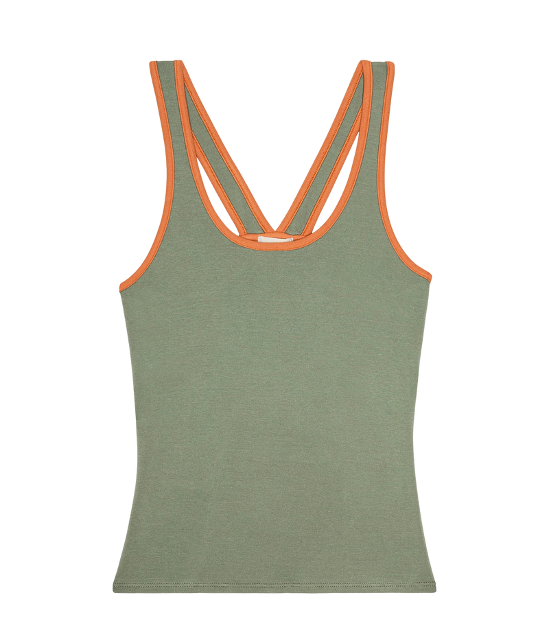 An olive green racerback tank top with bright orange trim along the straps and neckline, shown flat against a solid white background.