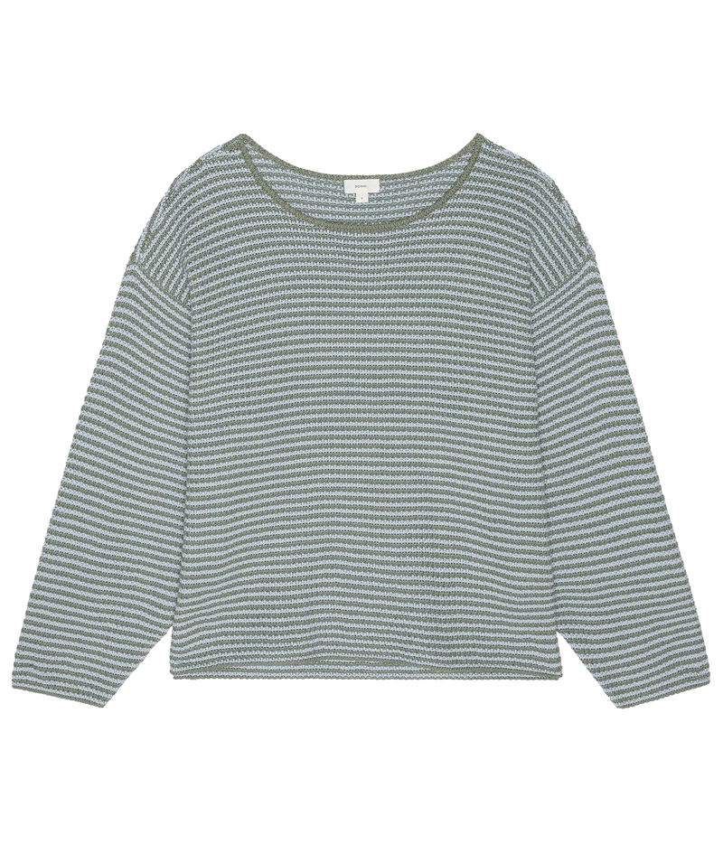 A long-sleeve knit top with horizontal stripes in sage green and white, featuring a wide boat neckline and a relaxed fit, shown flat on a white background.