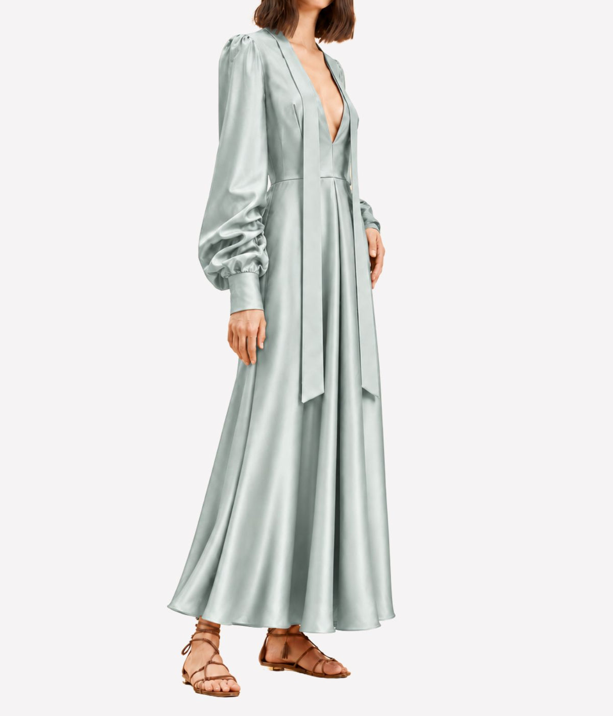 Raquel Diniz Valerie Dress in Mint - maxi dress shown on brunette model with long neck ties