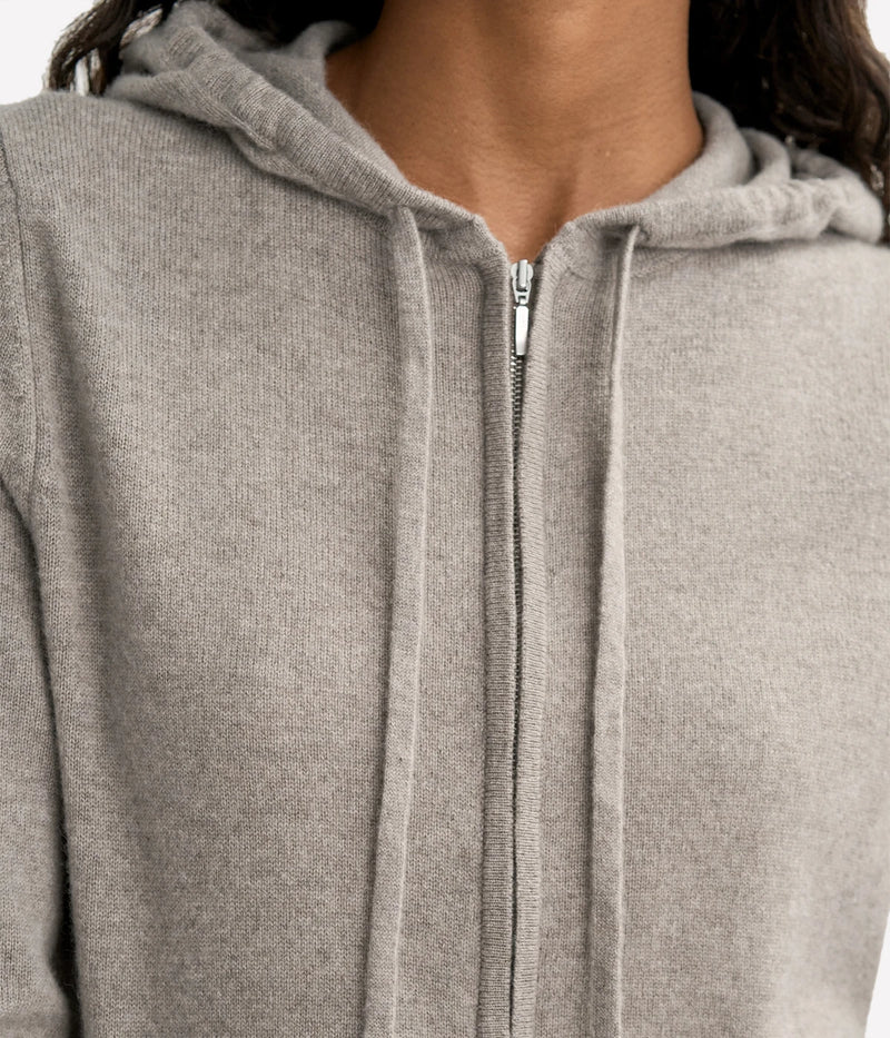 Soft Goat Cashmere Zip Hoodie in Greige – Close Up Detail