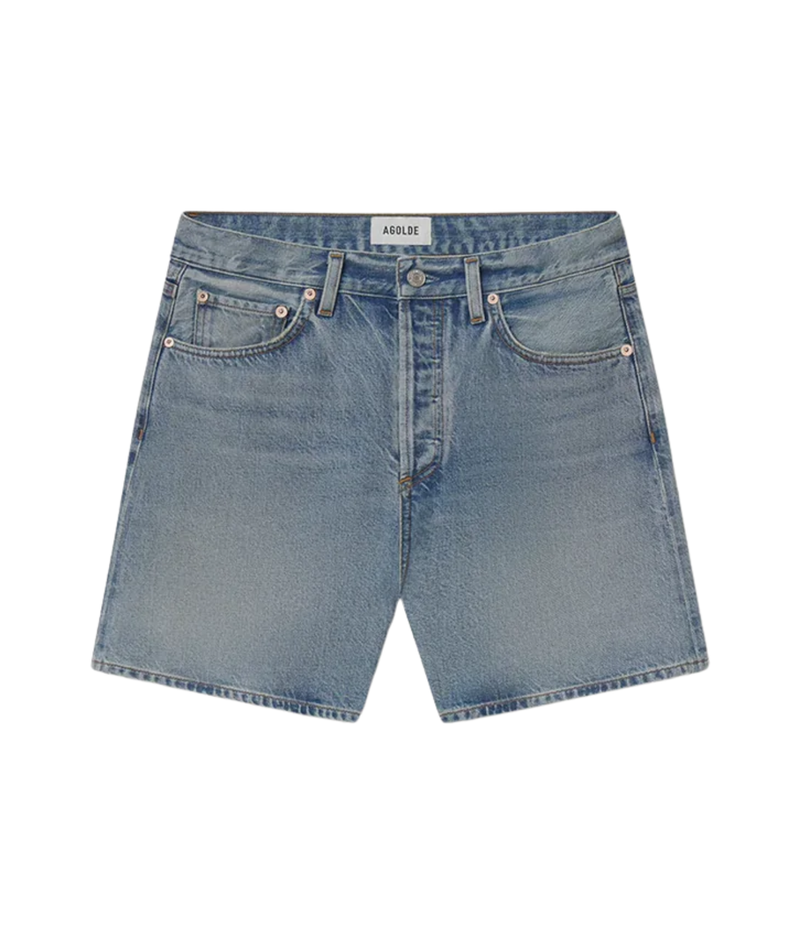 Light blue denim shorts with a faded wash, featuring classic five-pocket styling, Agolde Dame Short in Reset