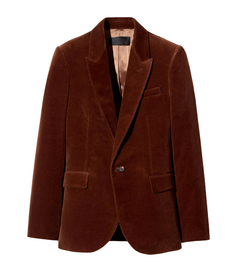 Nili Lotan Anabel Tailored Jacket in Burnt Sienna laid flat, showing the single-button front, sharp lapels, chest pocket and flap pockets