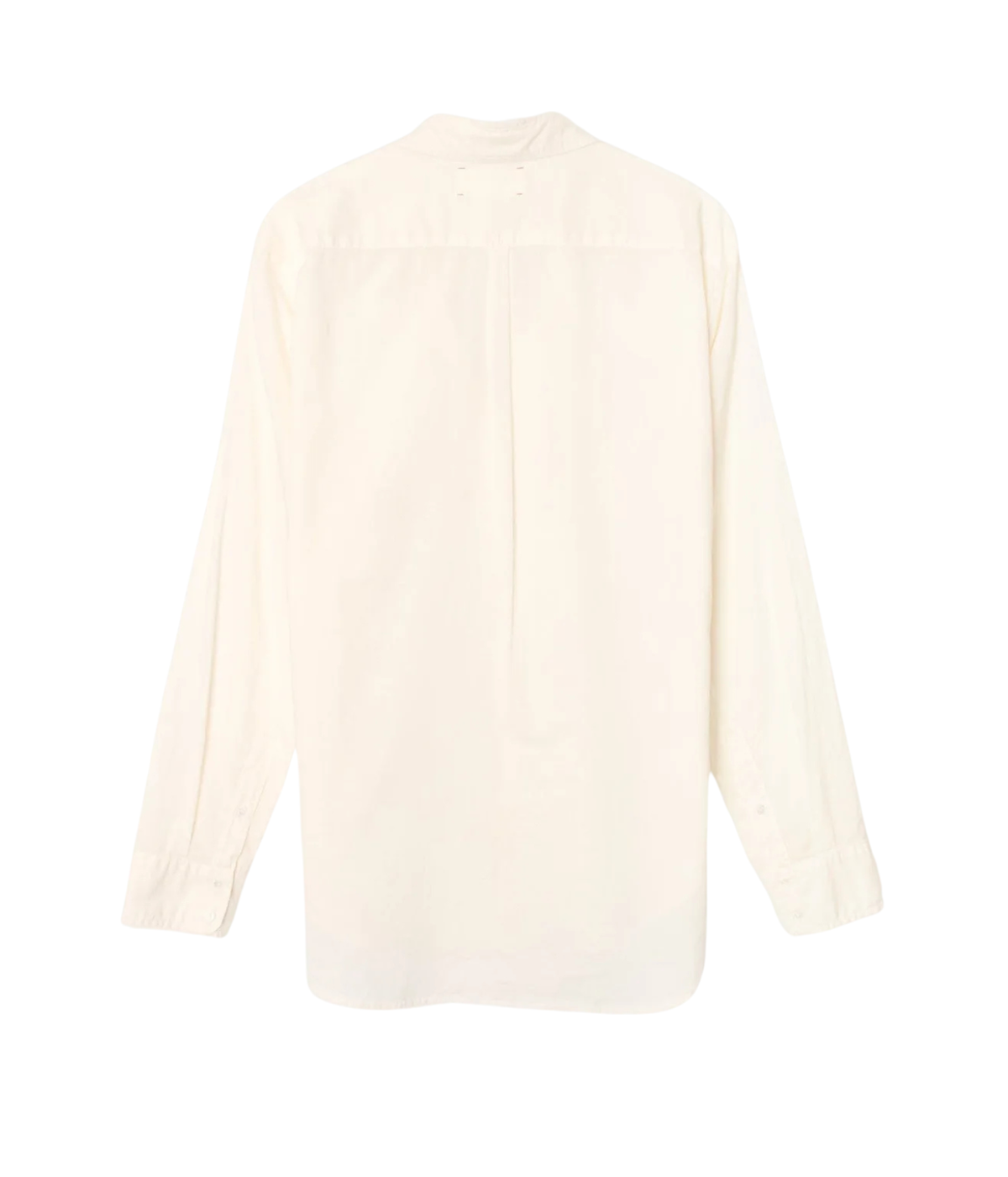 An off-white long-sleeve button-up shirt shown from the back, featuring a high collar and a subtle vertical seam down the center back, displayed on a solid white background.