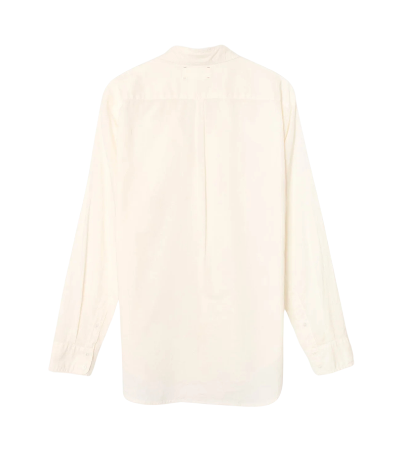 An off-white long-sleeve button-up shirt shown from the back, featuring a high collar and a subtle vertical seam down the center back, displayed on a solid white background.