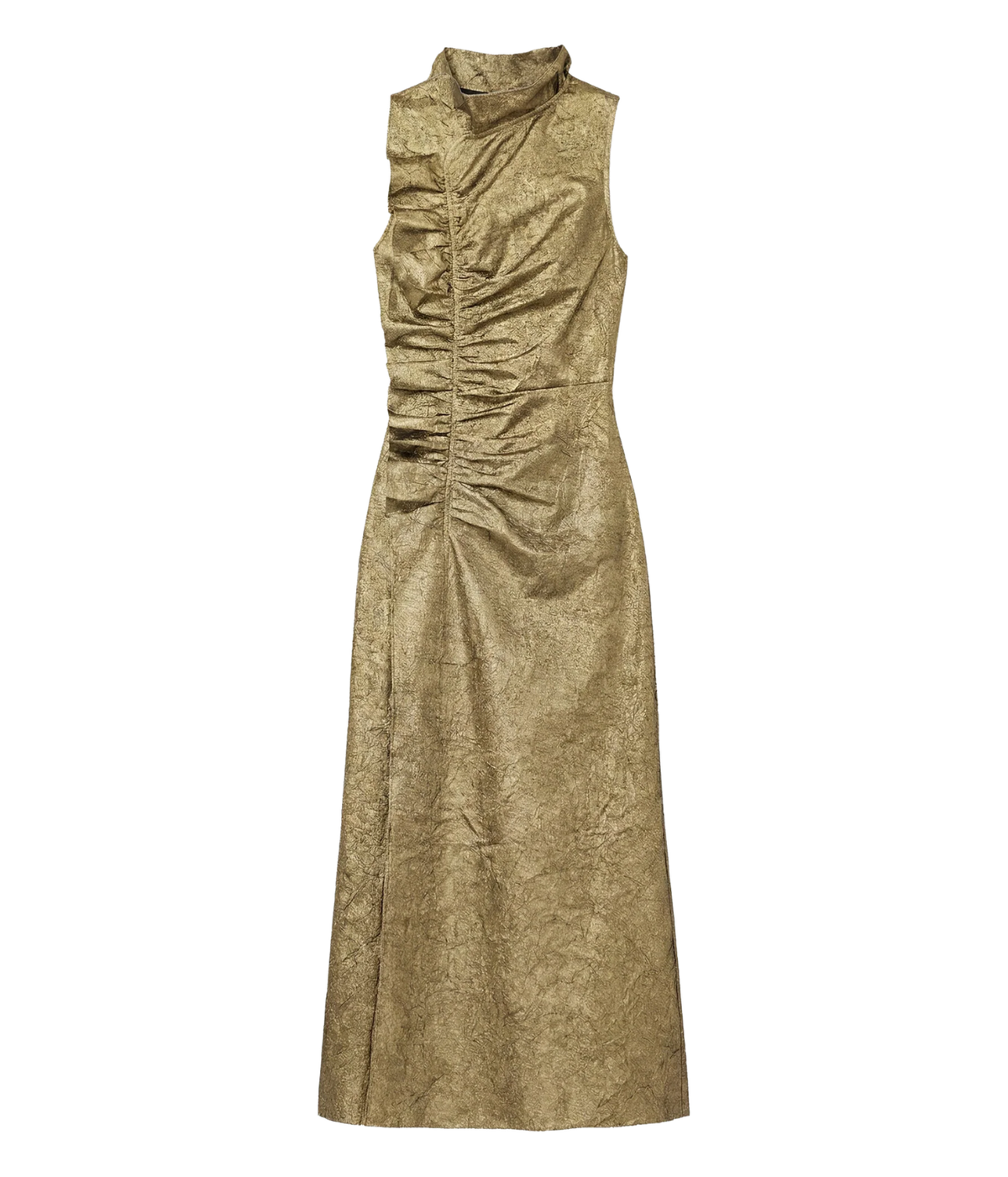 Ulla Johnson Demetria Sleeveless Taffeta Dress in Light Gold, front product view featuring a high neckline, ruched detailing through the bodice and a long column silhouette.