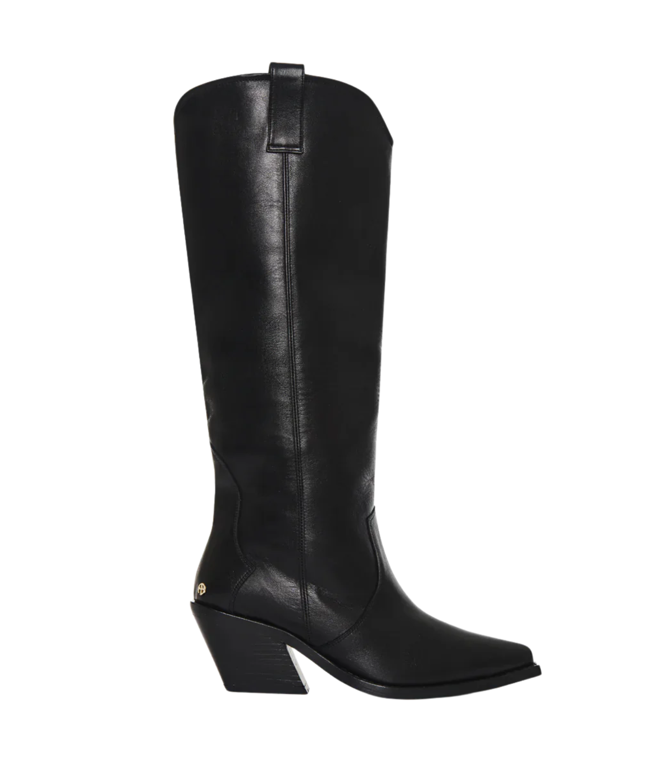 A single black leather knee-high boot with a pointed toe and a low block heel, shown from a side profile on a plain white background.