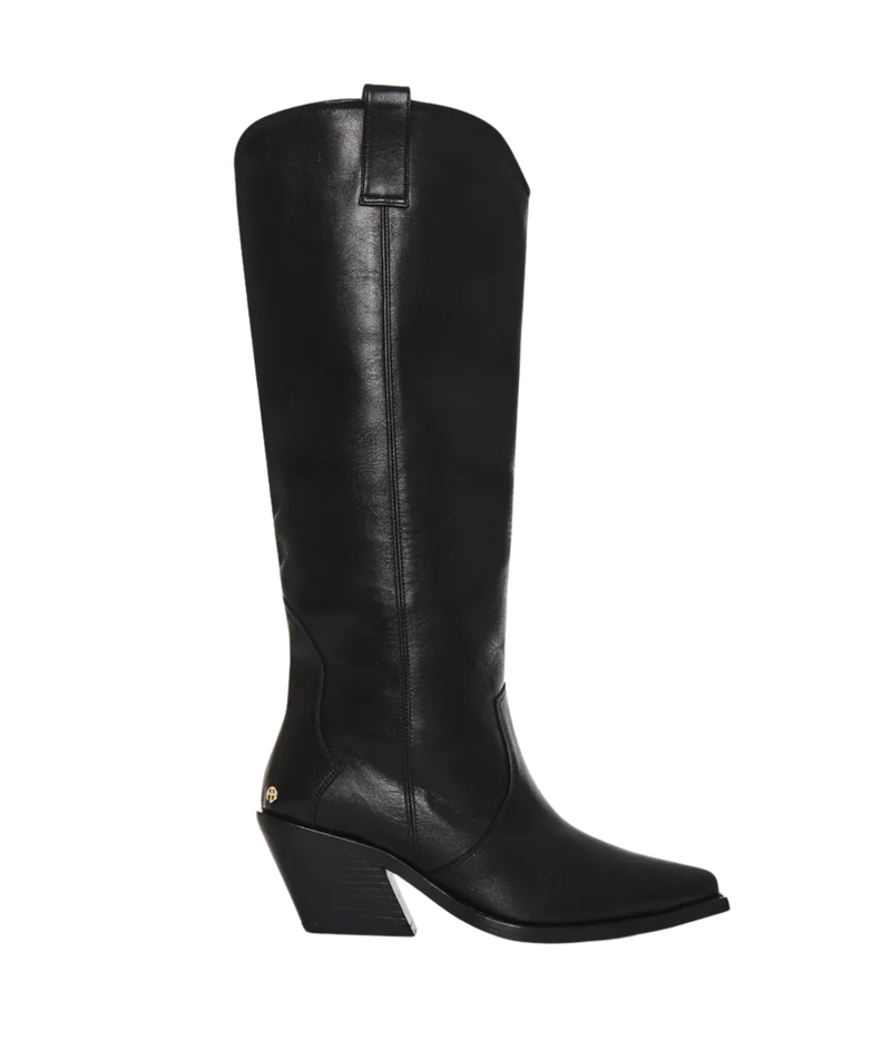 A single black leather knee-high boot with a pointed toe and a low block heel, shown from a side profile on a plain white background.