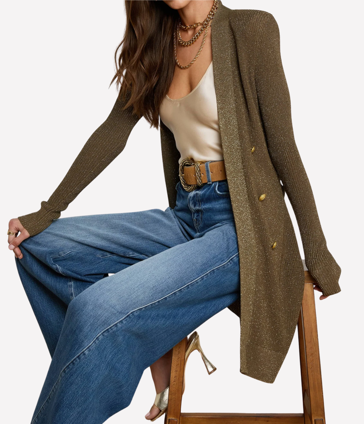 Noe Double Breasted Cardigan in Pine Gold