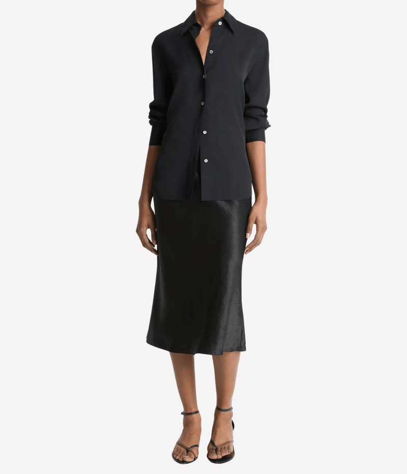 L/S Button Down Silk Blouse in BLACK