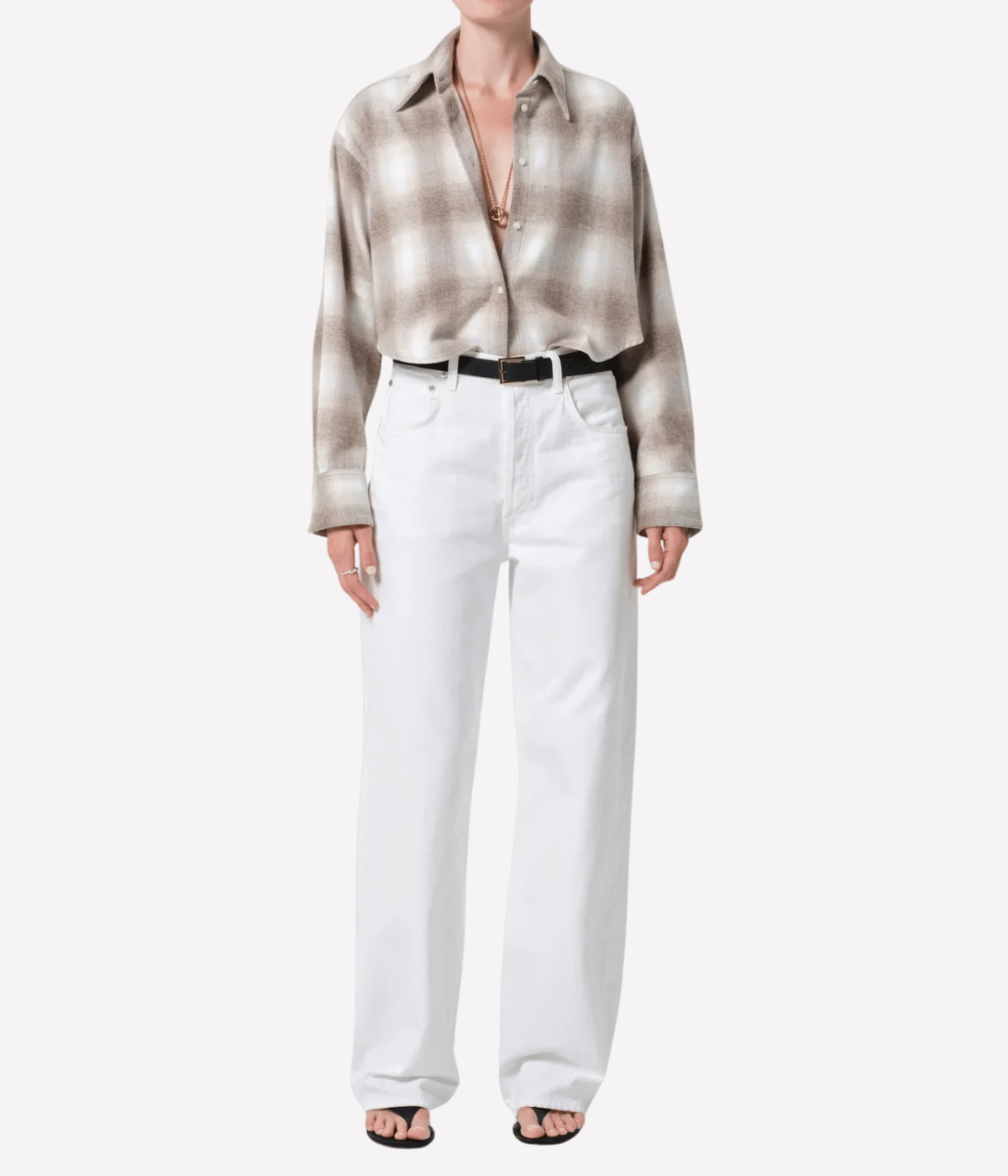 Citizens of Humanity Ana Cropped Shirt in Schiffer Plaid worn on model, full length view of cropped plaid shirt styled casually